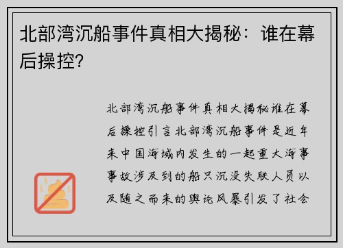 北部湾沉船事件真相大揭秘：谁在幕后操控？
