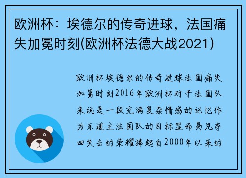欧洲杯：埃德尔的传奇进球，法国痛失加冕时刻(欧洲杯法德大战2021)