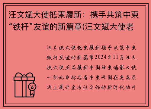 汪文斌大使抵柬履新：携手共筑中柬“铁杆”友谊的新篇章(汪文斌大使老婆)