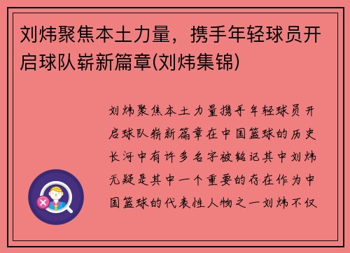 刘炜聚焦本土力量，携手年轻球员开启球队崭新篇章(刘炜集锦)