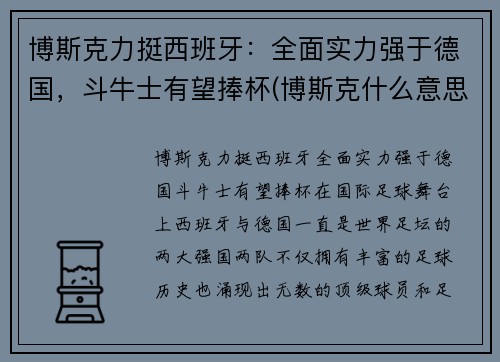 博斯克力挺西班牙：全面实力强于德国，斗牛士有望捧杯(博斯克什么意思)