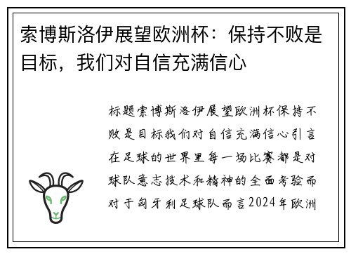 索博斯洛伊展望欧洲杯：保持不败是目标，我们对自信充满信心